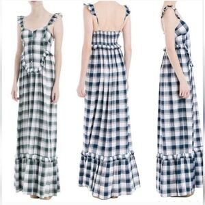 Max Studio Plaid Ruffle Strap Maxi Dress Navy White Red XS NWT